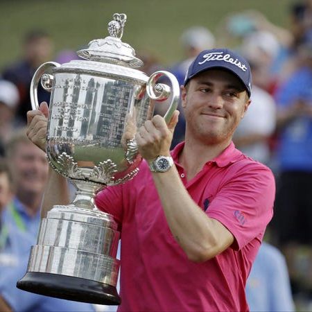 Justin Thomas with his award after winning PGA Championship for first major title